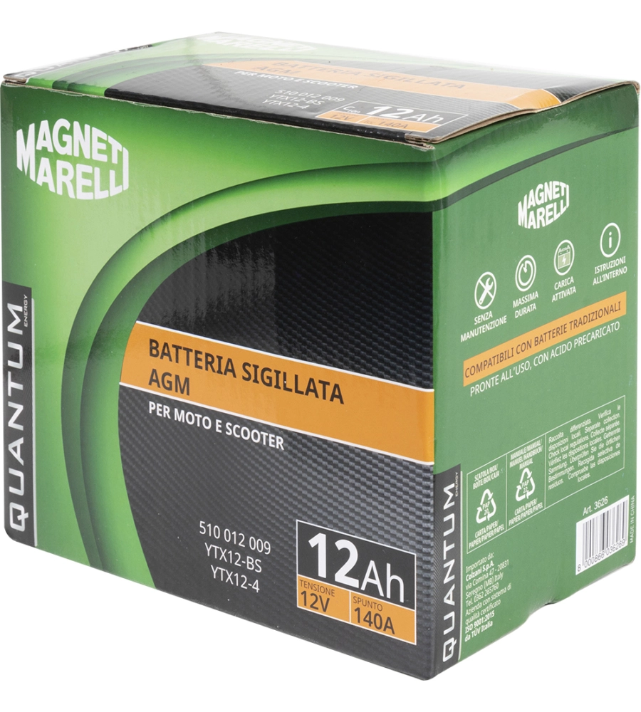 MAGNETI MARELLI BATTERIA MOTO E SCOOTER 12AH 12V 140A TECNOLOGIA AGM SIGILLATA POLO POSITIVO SINISTRO